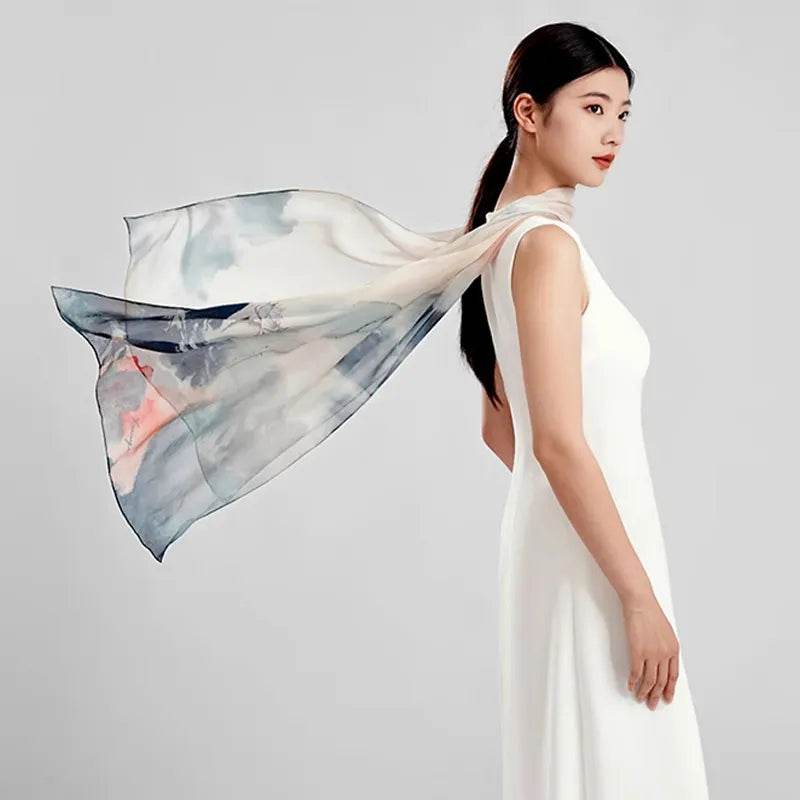 100% Mulberry Silk Ink Lotus Serene Design Long Scarf 180 x 50 Cm - SinoCultural -- LS075-1