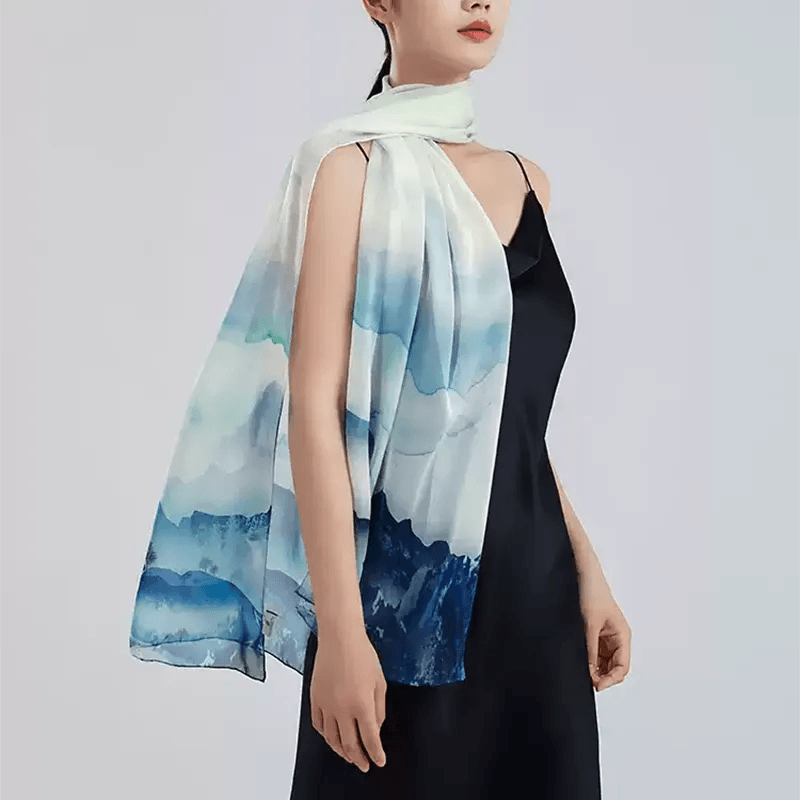 100% Mulberry Silk Ink Wash Landscape Design Long Scarf 180 x 50 Cm - SinoCultural -- LS076-1