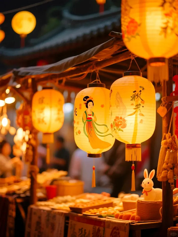 Traditional Chinese lanterns featuring Chang'e and the Jade Rabbit, inspired by the myths and legends of the Mid-Autumn Festival.