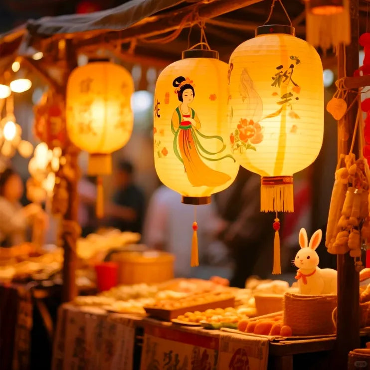 Traditional Chinese lanterns featuring Chang'e and the Jade Rabbit, inspired by the myths and legends of the Mid-Autumn Festival.