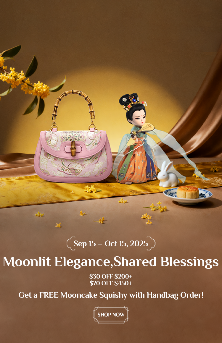 Traditional Dunhuang Flying Apsara doll in embroidered attire beside a pink bamboo-handle bag, with osmanthus flowers, a white rabbit, and a mooncake. Mid-Autumn discounts (Sep 15-Oct 15: $50 OFF $200+, $70 OFF $450+) + free mooncake squishy with handbag orders.