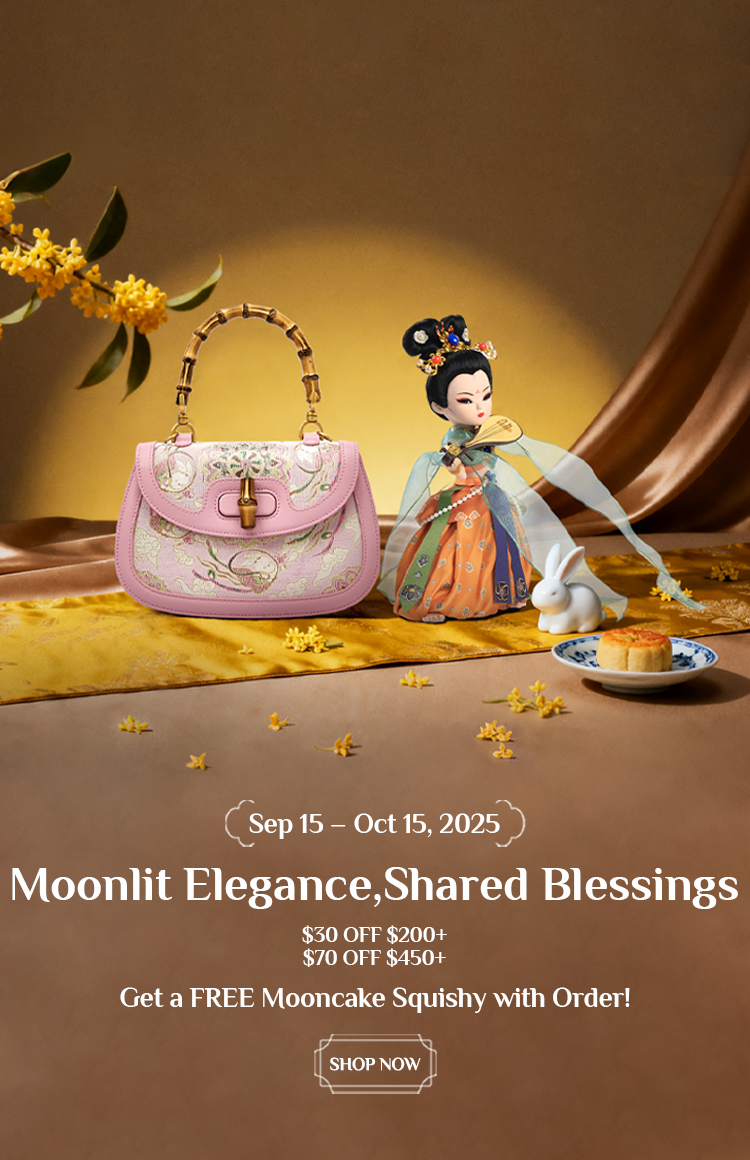 Traditional Dunhuang Flying Apsara doll in embroidered attire beside a pink bamboo-handle bag, with osmanthus flowers, a white rabbit, and a mooncake. Mid-Autumn discounts (Sep 15-Oct 15: $50 OFF $200+, $70 OFF $450+) + free mooncake squishy with orders.