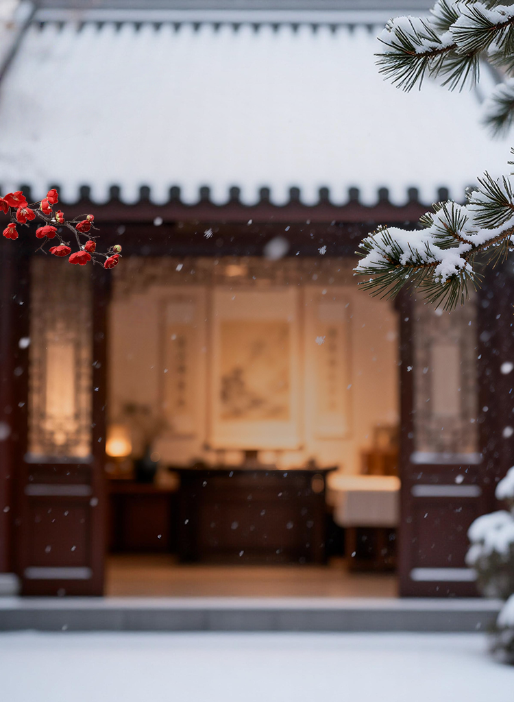 Banner for Minor Cold (Xiaohan) featuring red plum blossoms, snowy pine branches, and traditional Chinese architecture with falling snow.