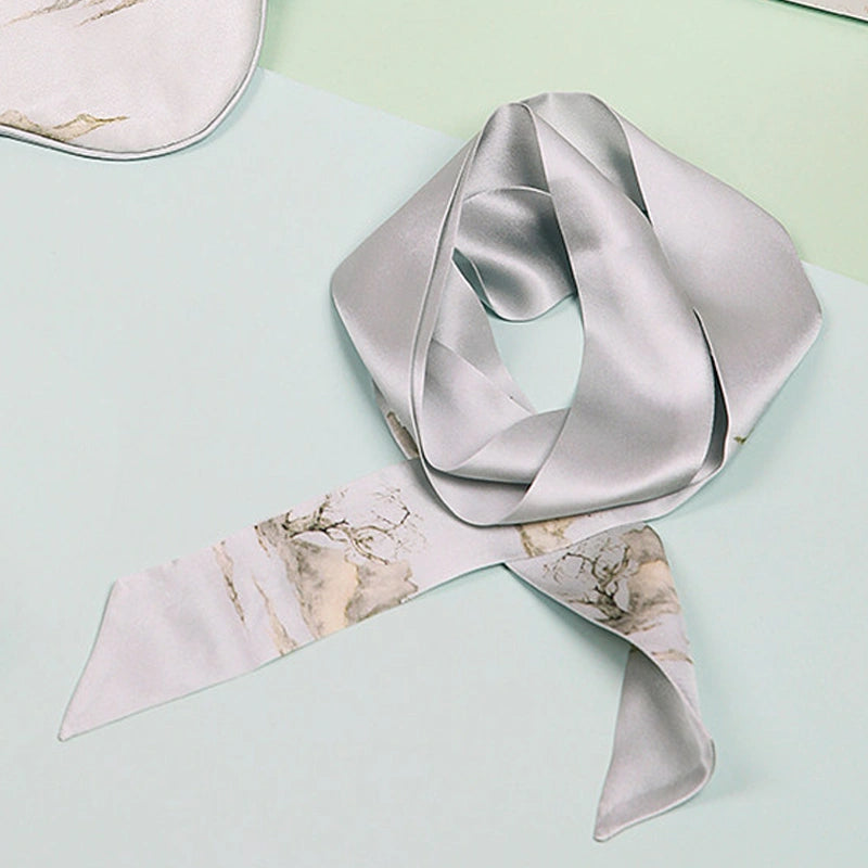 Misty Landscape Mulberry Silk Twilly arranged in a soft flat lay with delicate Chinese landscape print.