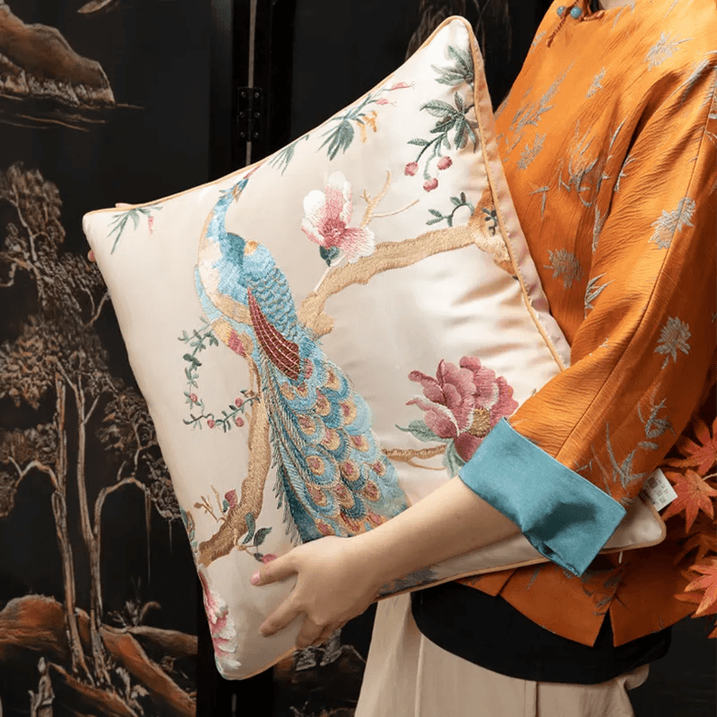 Chinoiserie Peony and Peacock Embroidered Throw Pillow for Sofa Bed Decor - SinoCultural -- SJZBZ083B45A