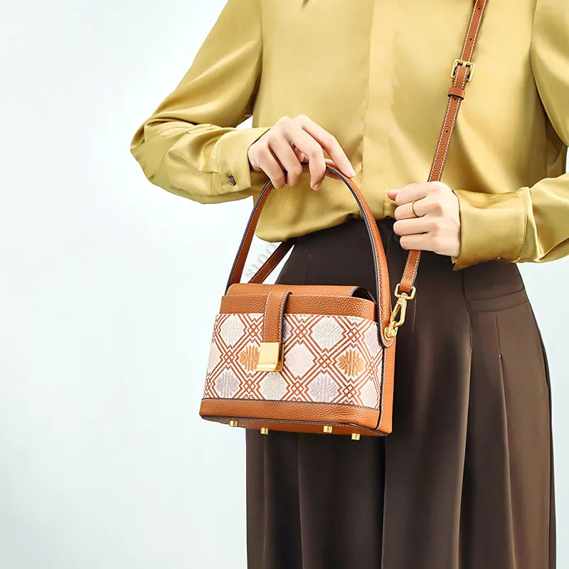 Model wearing chrysanthemum bag crossbody style