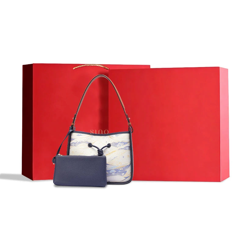 Chinoiserie Song Brocade shoulder bag with matching pouch and gift box, a distinctive Chinese-inspired gift for women.