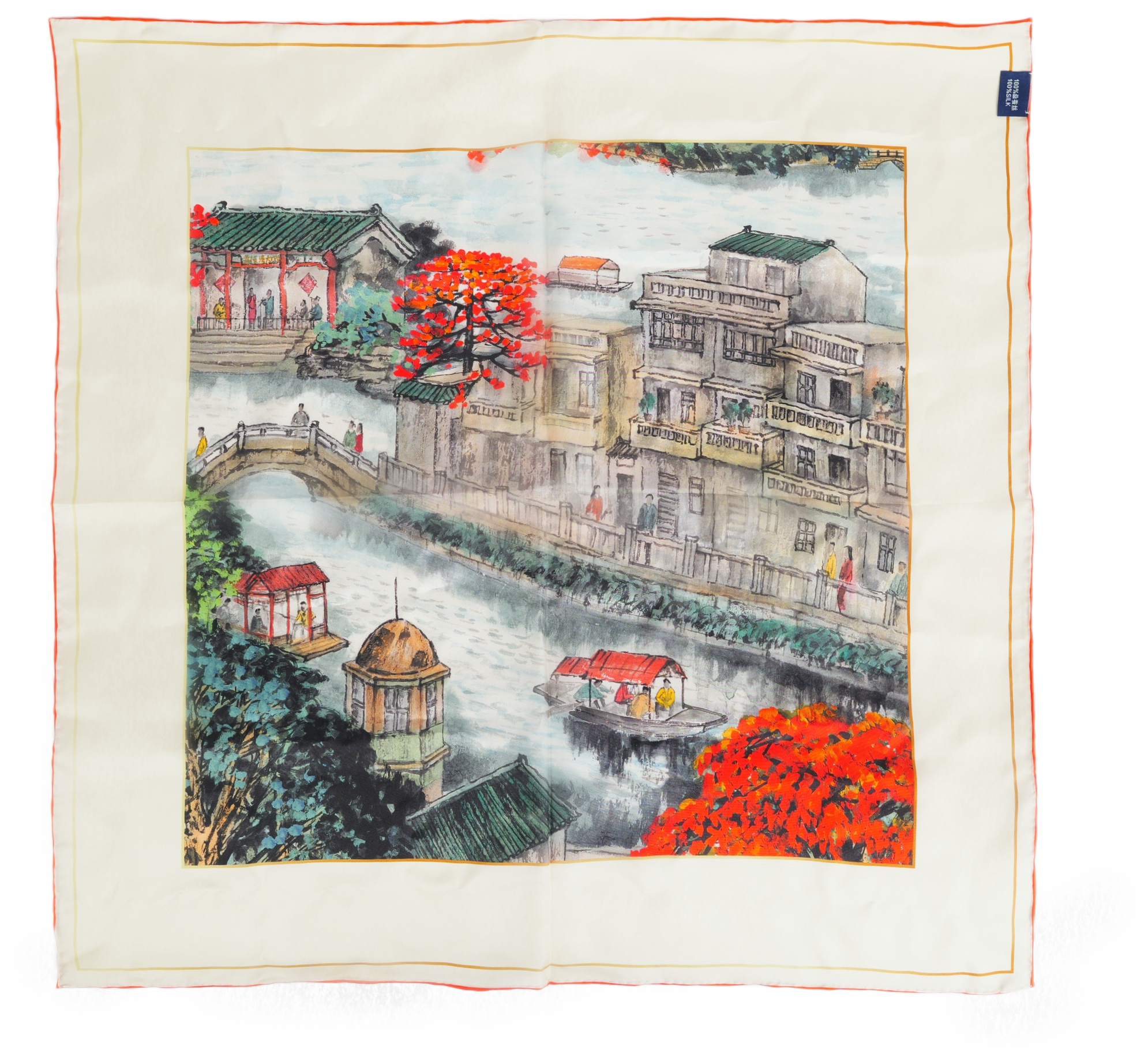 Luxury mulberry silk square scarf (65x65 cm) in Lychee Bay design – intricate Chinoiserie motifs of Guangzhou's waterways and pavilions on ivory silk.