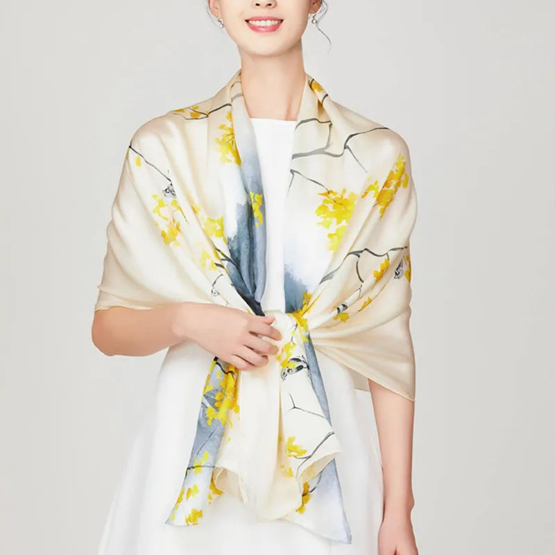 100% Mulberry Silk Long Scarf with Autumn Ginkgo - Model wearing as shawl with front knot.