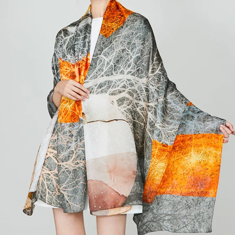 100% Mulberry Silk Long Scarf with Autumnal Forest - Model fully wrapped in shawl.