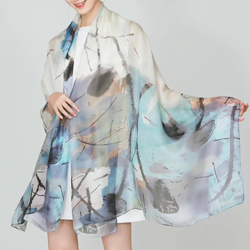100% Mulberry Silk Long Scarf with Chinese Ink Lotus - Model fully wrapped in shawl.