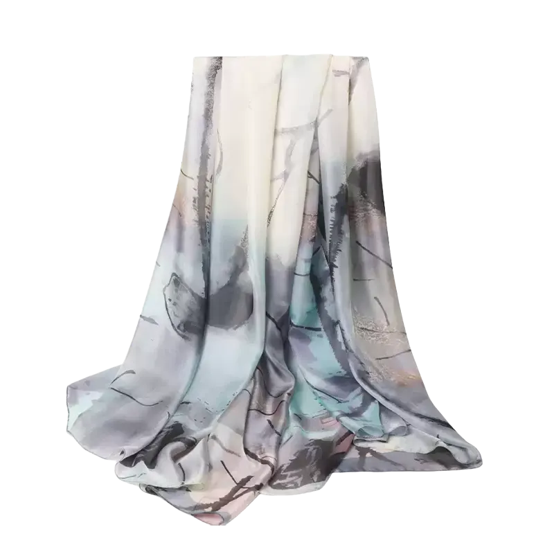 100% Mulberry Silk Long Scarf with Chinese Ink Lotus - Full view on white background.