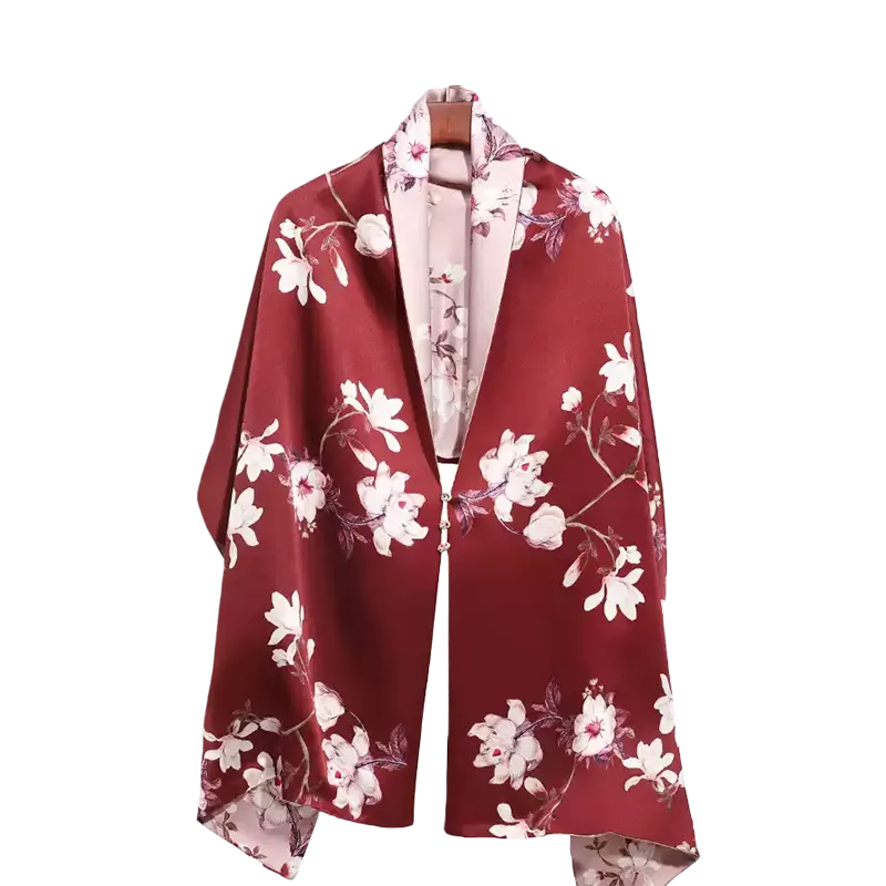 100% Mulberry Silk Long Scarf with Chinese Magnolia - Button feature displayed on hanger.