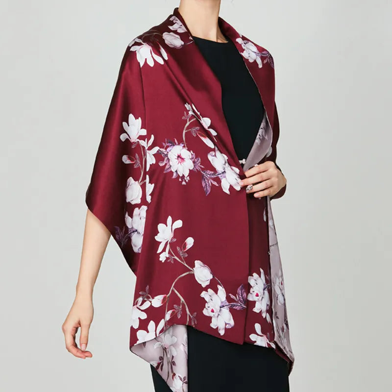 100% Mulberry Silk Long Scarf with Chinese Magnolia - Model wearing as shawl (side view).