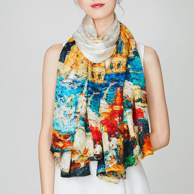 100% Mulberry Silk Long Scarf with Colorful Ink - Model wearing as long draped neck scarf.