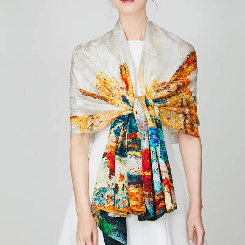 100% Mulberry Silk Long Scarf with Colorful Ink - Model with scarf wrapped around shoulders.