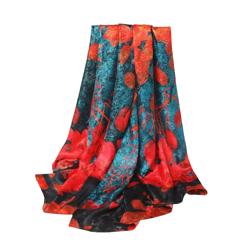 100% Mulberry Silk Long Scarf with Crimson Blooms - Full view on white background.