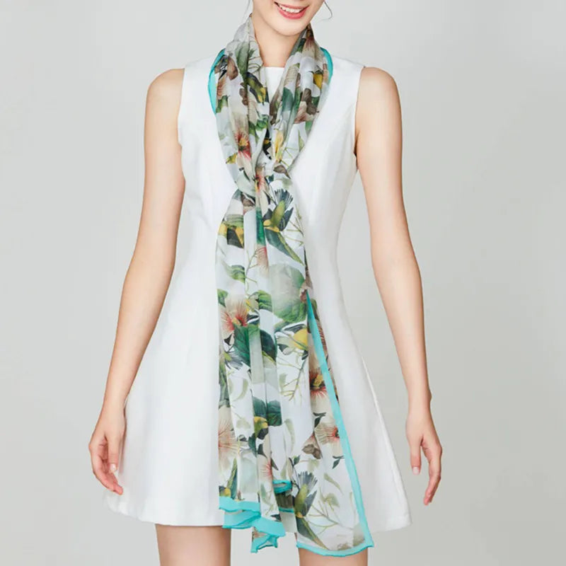 100% Mulberry Silk Long Scarf with Hibiscus & Avian - Model wearing front-knotted neck scarf.