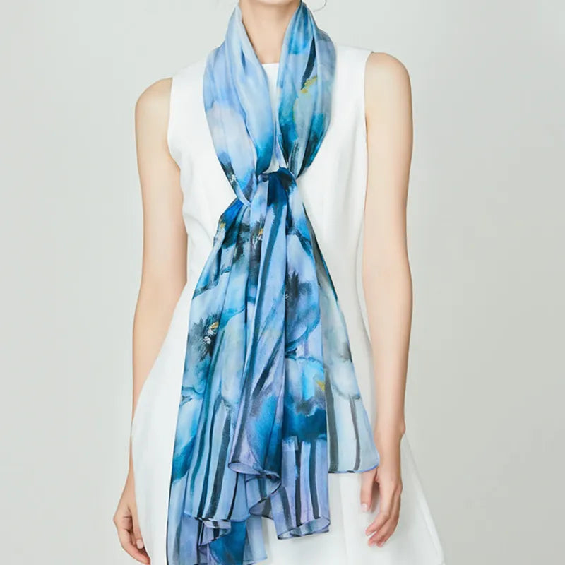 100% Mulberry Silk Long Scarf with Watercolor Floral - Model with front-tied neck scarf.