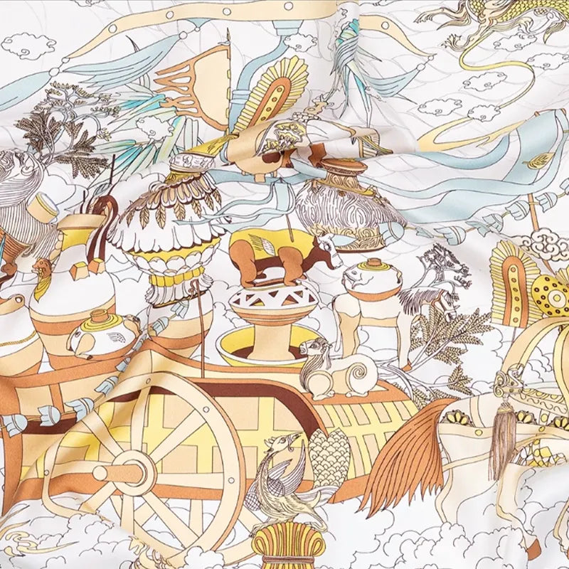 Close-up pattern detail of the Luxury Nanjing Brocade Six Dynasties Elegance large square scarf with cart, vessel, and ornamental motifs in warm beige and gold tones.
