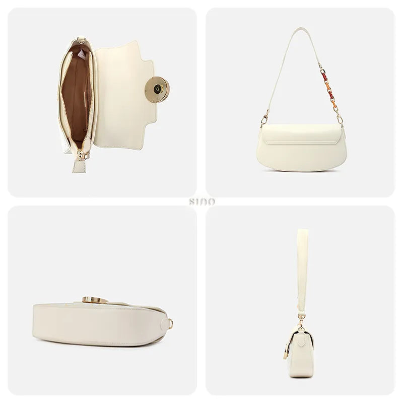 Bag interior compartments, back, bottom and side details.