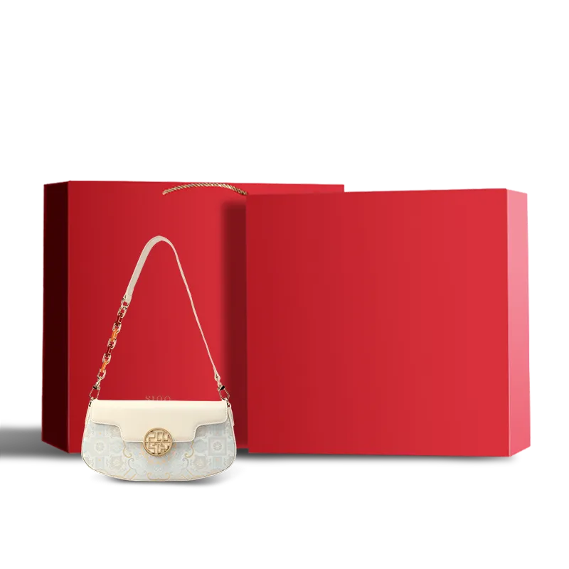 Premium red gift box for octagonal brocade shoulder bag.