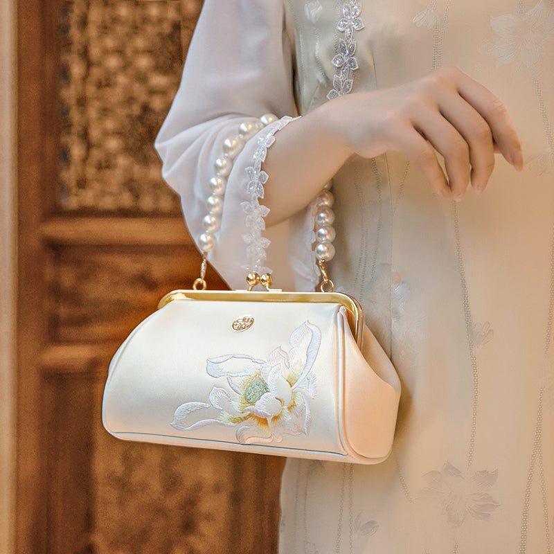 Embroidery Leather Chain Clutch Bag Lotus Pearl-Handbag-SinoCultural-SinoCultural