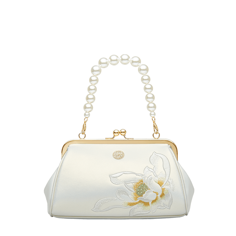 Embroidery Leather Kiss Lock Clutch Bag Lotus Evening Handbag - SinoCultural