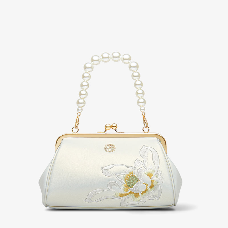 Embroidery Leather Chain Clutch Bag Lotus Pearl-Handbag-SinoCultural-White-Single Bag-p220251-SinoCultural