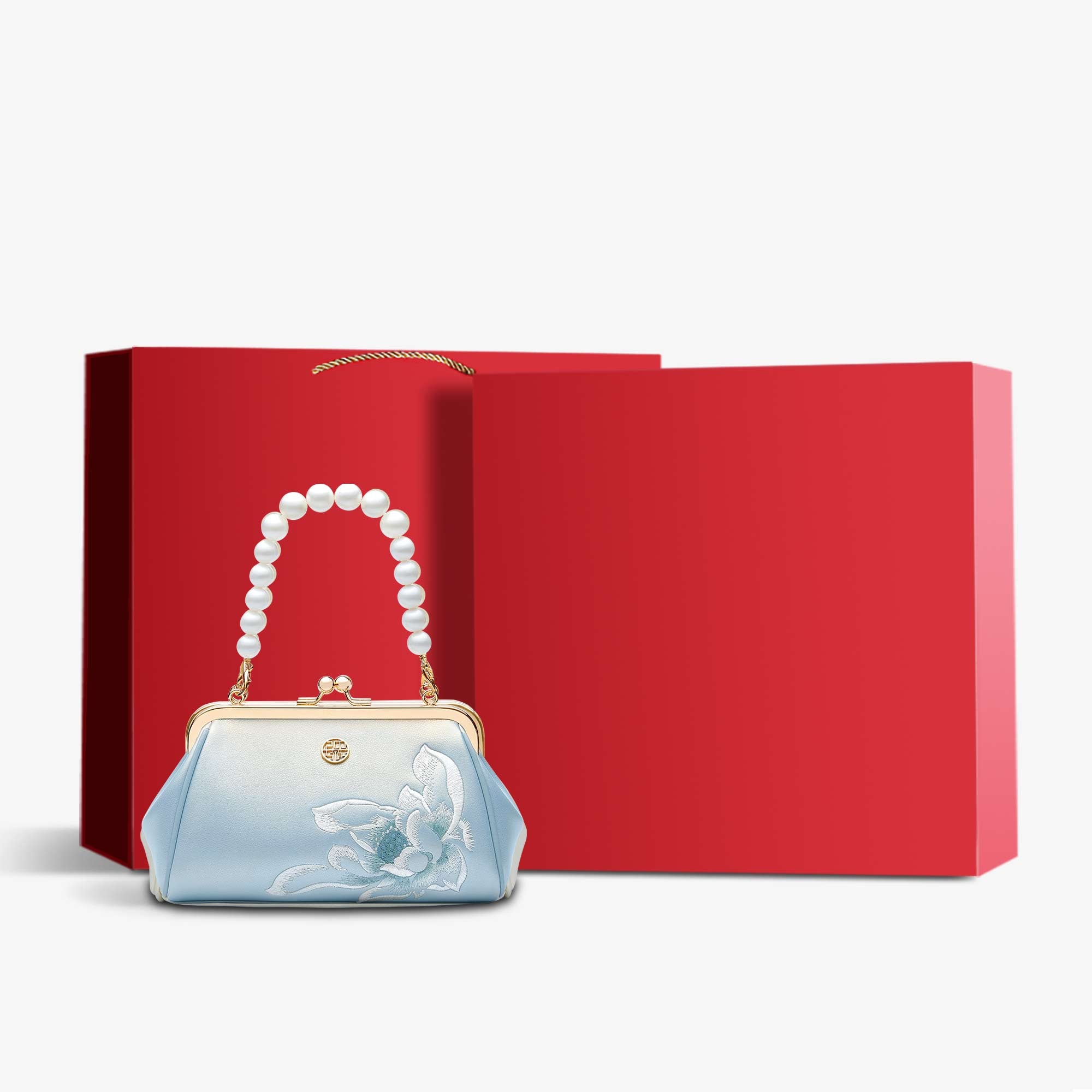 Embroidery Leather Chain Clutch Bag Lotus Pearl-Handbag-SinoCultural-Blue-Bag with Gift Box-p220251-1-g-SinoCultural