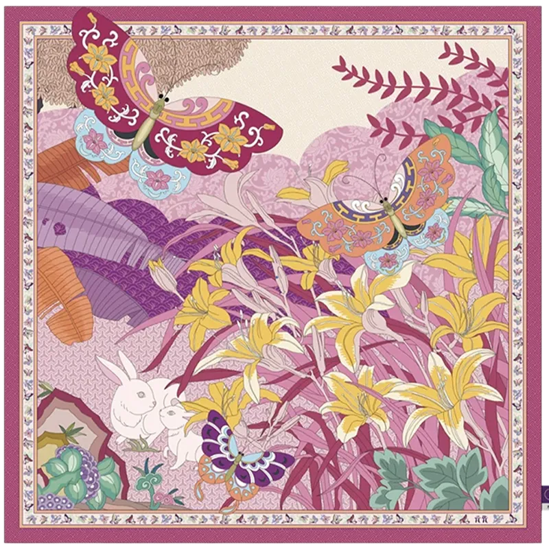 Front view of the pink Garden Butterfly mulberry silk square scarf with butterflies, yellow flowers, rabbits, and chinoiserie garden design.
