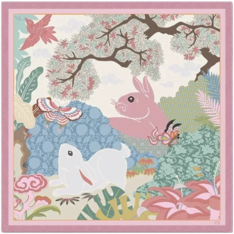Front view of the pink Garden Rabbit mulberry silk square scarf with rabbits, flowers, birds, and chinoiserie garden design.