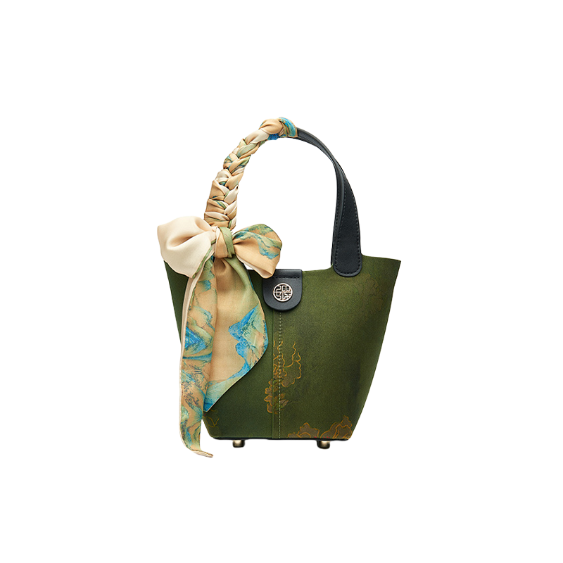 Xiangyunsha Silk Dark Green Bucket Bag with Scarf - SinoCultural