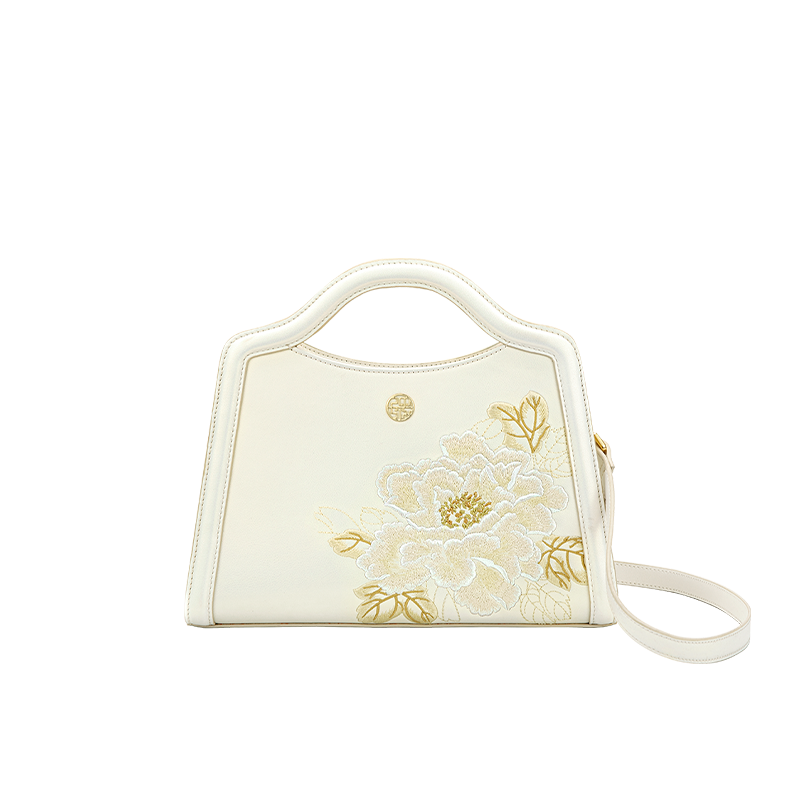 Embroidery Peony White Leather Tote Bag - SinoCultural