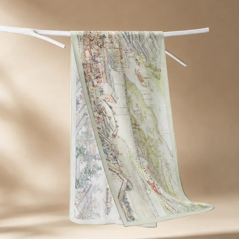 Full view of the Chinese Prosperous Suzhou 12 momme Mulberry Silk Long Scarf 140x32 cm with traditional city and landscape motifs.
