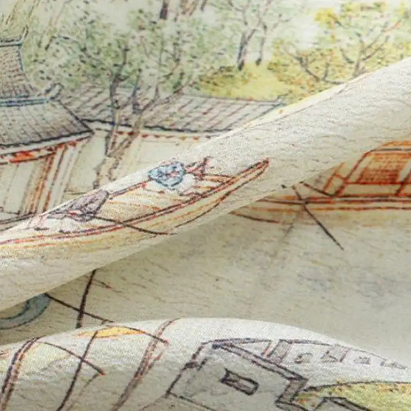 Detailed Chinese landscape print with boats, traditional architecture and trees on the Prosperous Suzhou Mulberry Silk Long Scarf.