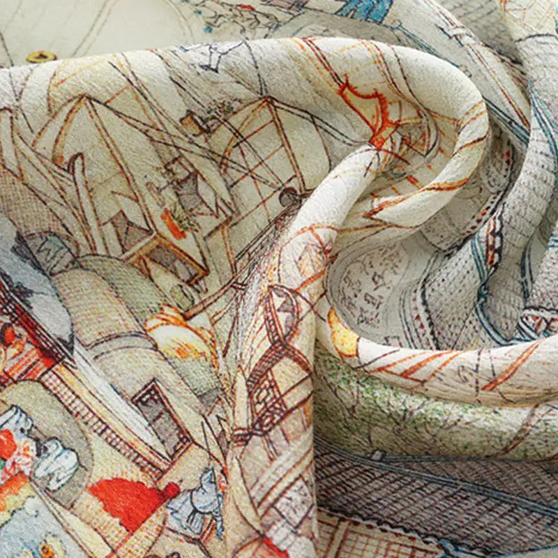 Close-up of architectural and street scene details on the Chinese Prosperous Suzhou Print Mulberry Silk Long Scarf.