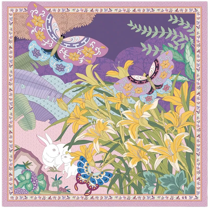 Front view of the purple Garden Butterfly mulberry silk square scarf featuring butterflies, flowers, rabbits, and Nanjing brocade-inspired details.