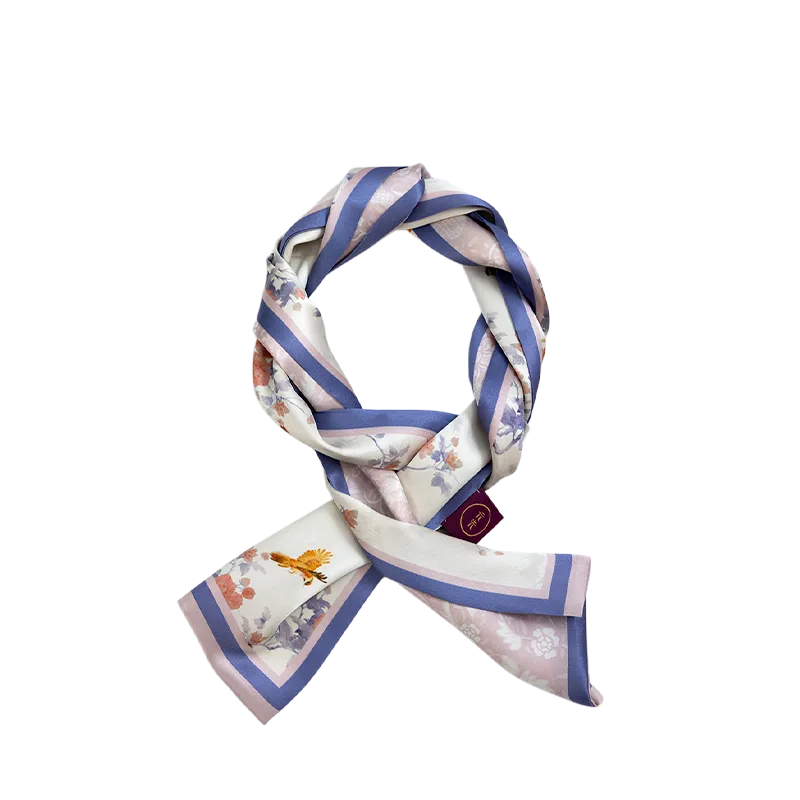 Purple-edge Peony & Bird mulberry silk square scarf rolled for elegant product display with bird and floral print.