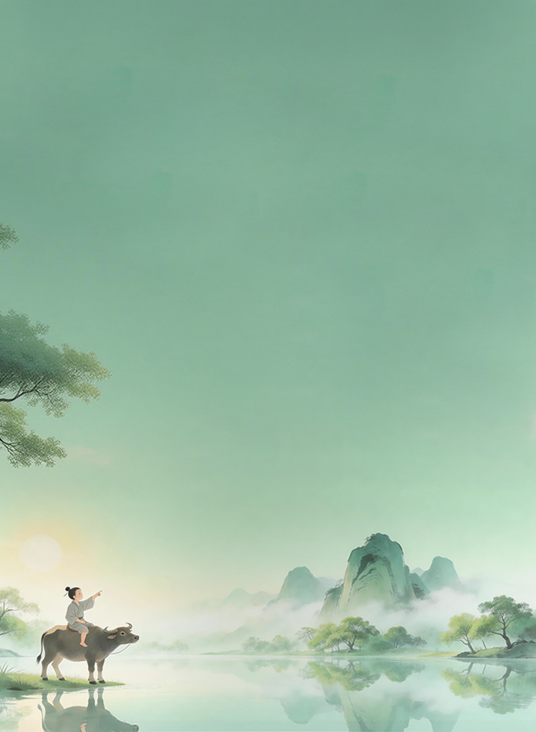 Qingming Festival banner with a peaceful Chinese spring landscape, misty mountains, lake view, and traditional pastoral scene.