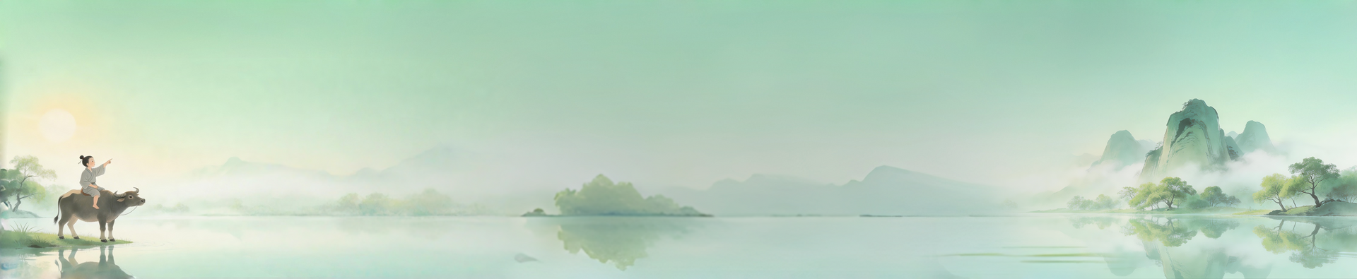 Qingming Festival banner with a peaceful Chinese spring landscape, misty mountains, lake view, and traditional pastoral scene.