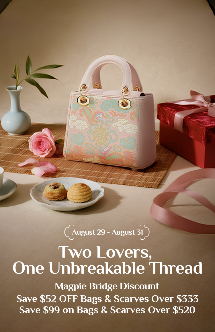 Qixi Festival banner: Pink traditional handbag with dragon/cloud patterns, red gift box, teacup, and romantic Chinese decor.