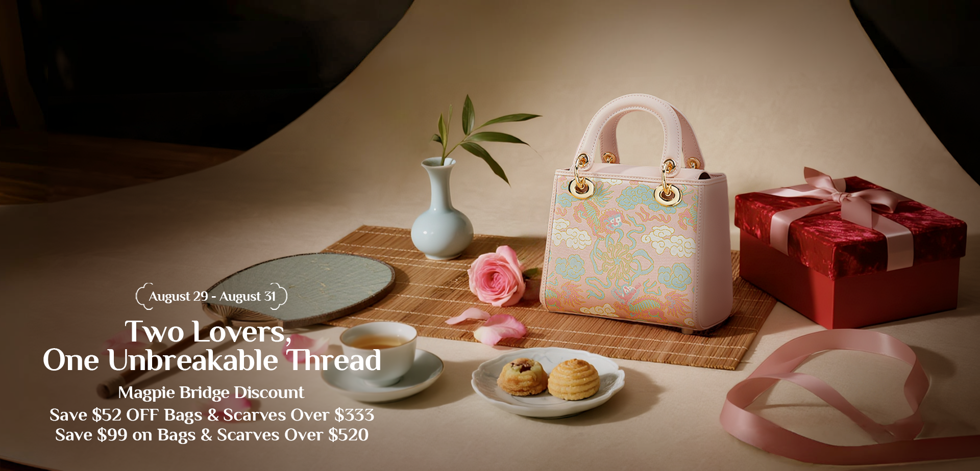 Qixi Festival banner: Pink traditional handbag with dragon/cloud patterns, red gift box, teacup, and romantic Chinese decor.