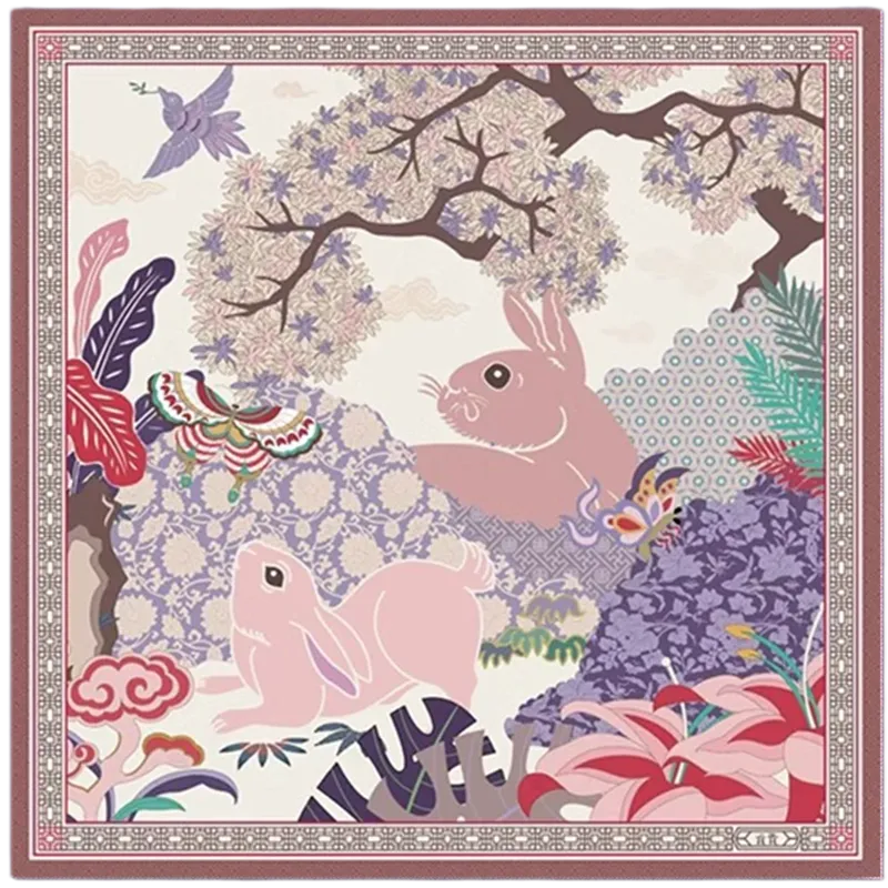Front view of the red Garden Rabbit mulberry silk square scarf with rabbits, flowers, birds, and Chinese garden scenery.
