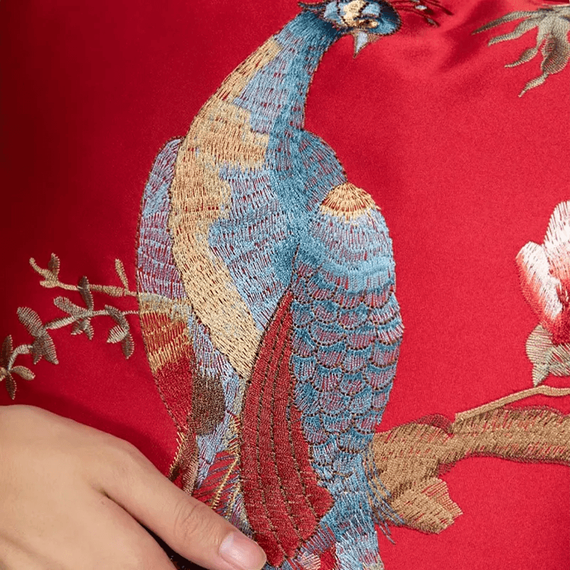 Chinoiserie Peony and Peacock Embroidered Throw Pillow for Sofa Bed Decor - SinoCultural -- SJZBZ083B45A