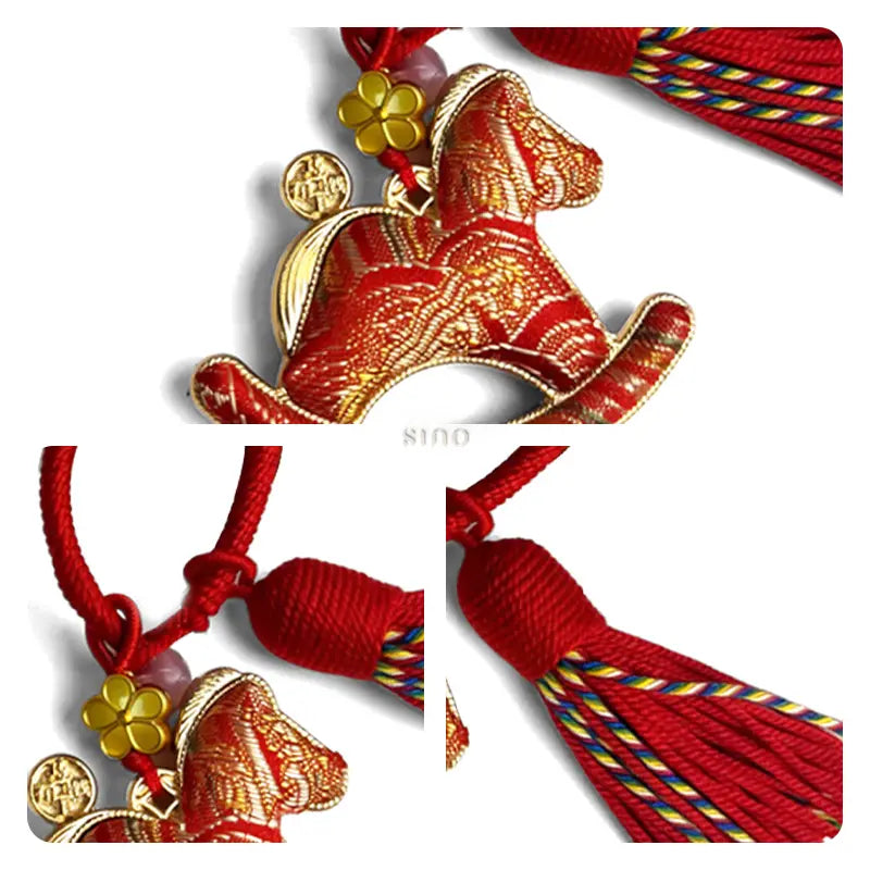 Close-up details of the red Yunjin brocade rocking horse bag charm, showing the gold patterns, knotted cord, charms, and tassel.