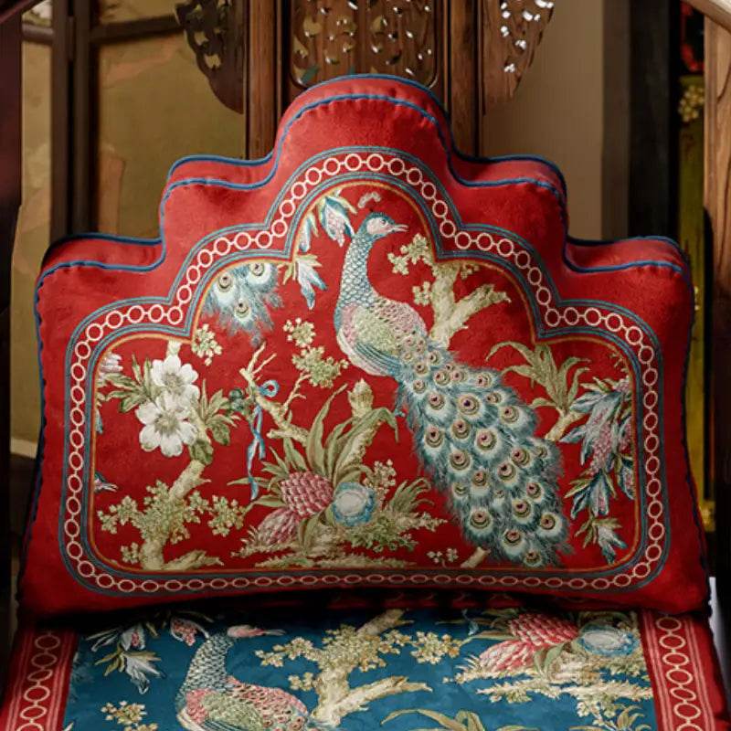Chinoiserie Festive Red Peacock Luxe Lumbar Pillow - SinoCultural