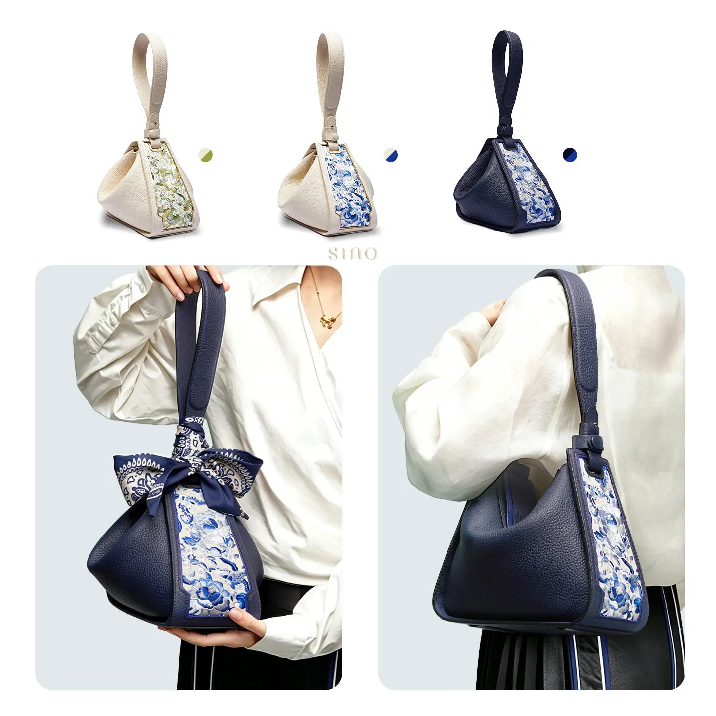 SANLAN embroidered blue floral panel blue leather shoulder bag shown with three colorways and convertible Zongzi handbag styling.