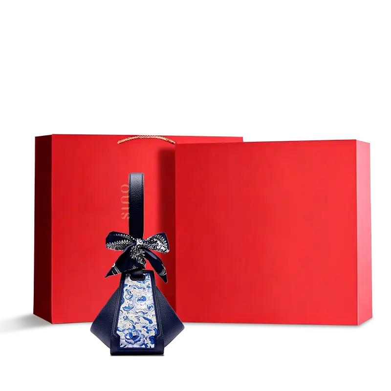 SANLAN embroidered blue floral panel blue leather handbag presented with premium red gift box packaging.