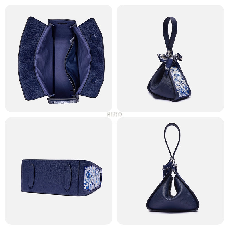 Interior base and convertible views of the SANLAN embroidered blue leather shoulder bag and Zongzi handbag.